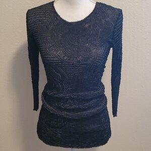 Rose Pattern Design Black Long Sleeve Stretch Crinkly Top One Size